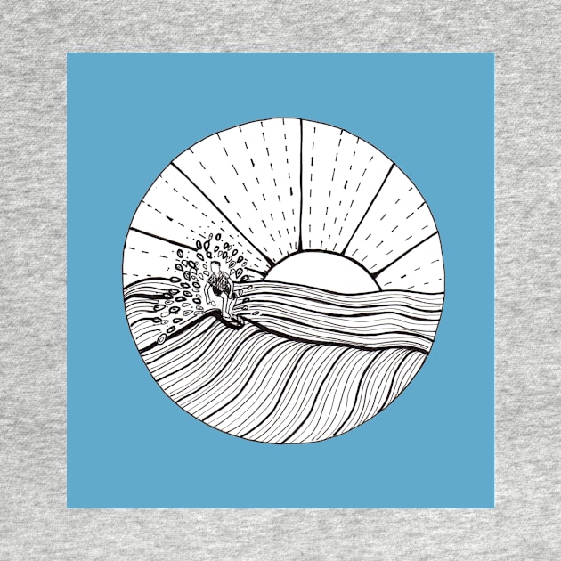 Surfing Abstract Ink Illustration with light blue background by Sandraartist